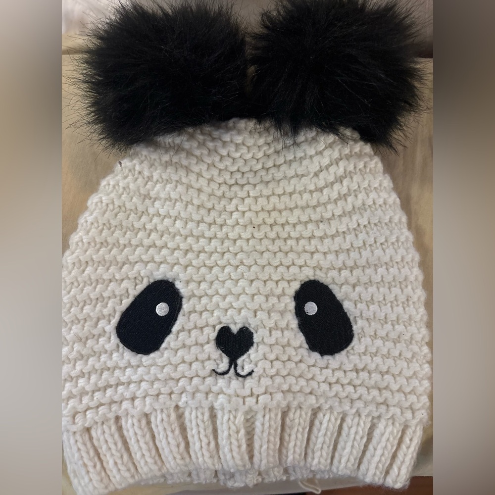 GAP Kids Panda Knit Hat with Black Pom-Poms- L/XL
